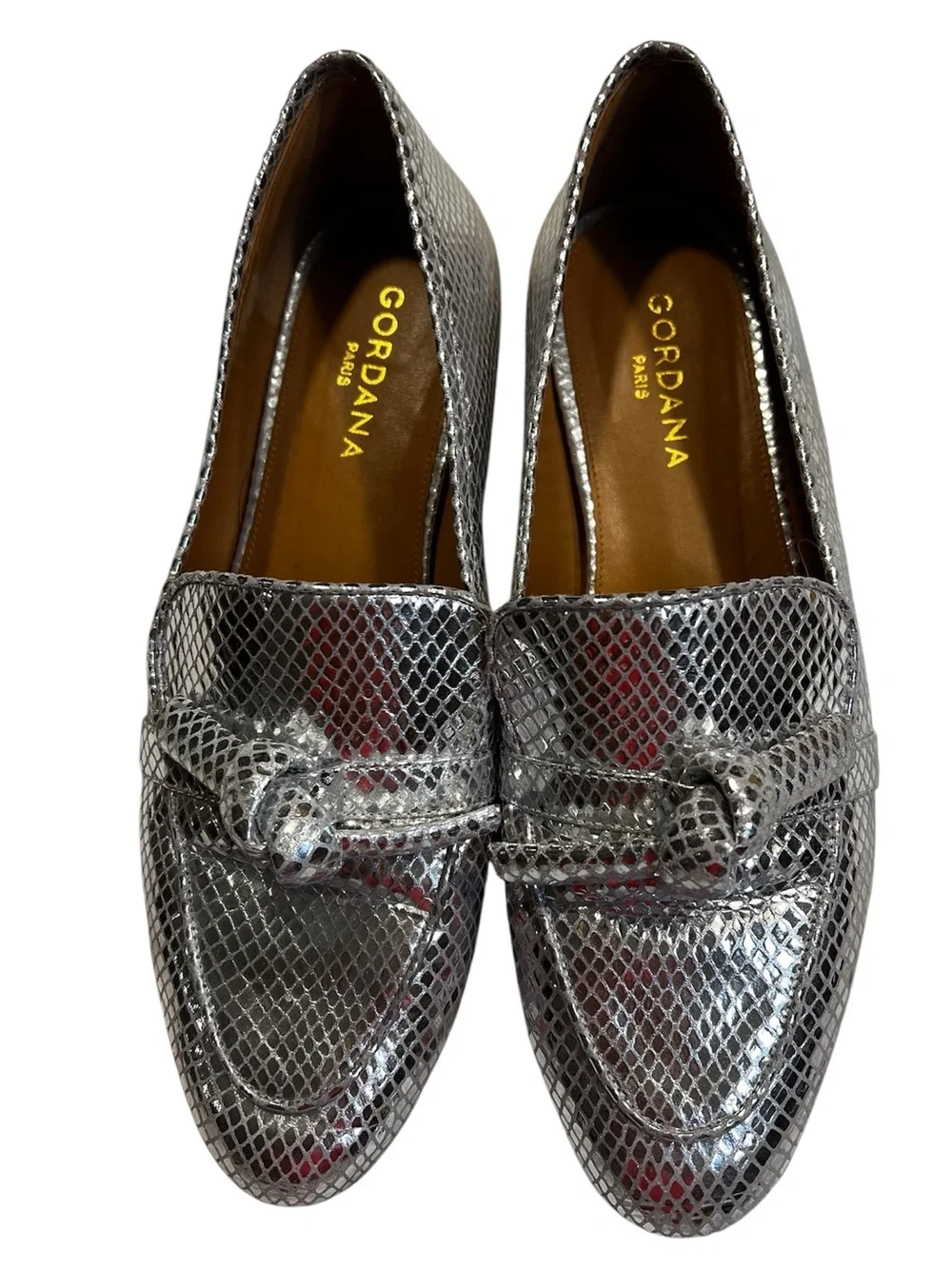 GORDANA PARIS Metallic Silver Snake-Print Loafers